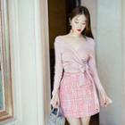 Set: Long Sleeve V-neck Wrapped Top + Mini Skirt