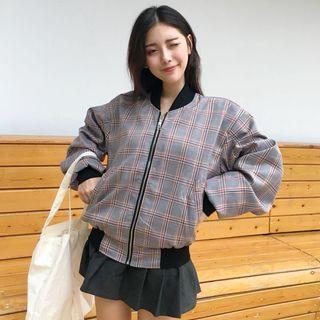 Contrast Trim Plaid Zipper Baseball Jacket