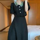 Set: Puff-sleeve Embroidered Shirt + A-line Midi Skirt