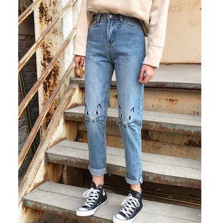 Cat Embroidered Slim-fit Jeans