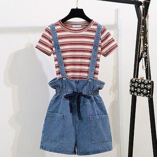 Striped Short-sleeve T-shirt / Denim Jumper Shorts / Set