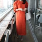 Balloon-sleeve Deep-slit Maxi Dress