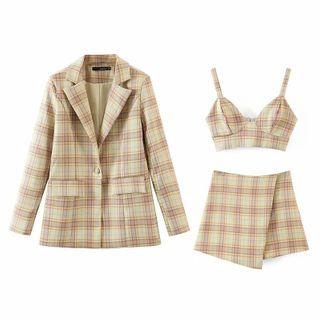Plaid Blazer / Cropped Camisole / Asymmetrical Skort / Set