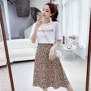 Set: Short Sleeve Letter Print T-shirt + Leopard Print A-line Skirt