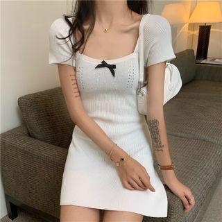 Short-sleeve Bow Ribbed Knit Dress
