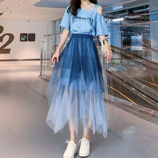 Set: Short-sleeve Sequined Mini T-shirt Dress + Midi Mesh Skirt