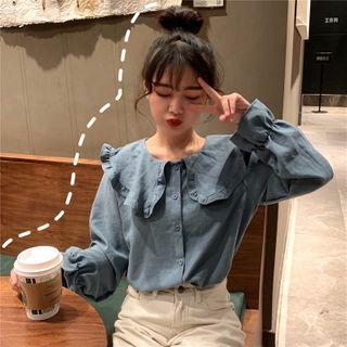 Bell-sleeve Collared Plain Blouse