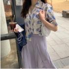 Elbow-sleeve Floral Print Shirt / A-line Skirt