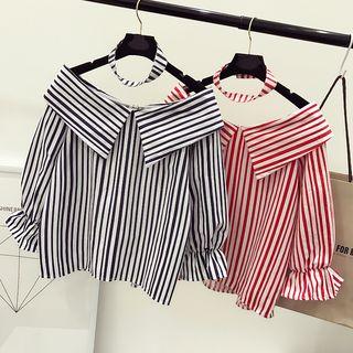 Off-shoulder Bell-sleeve Striped Blouse