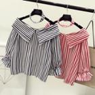 Off-shoulder Bell-sleeve Striped Blouse