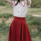 Set: Short-sleeve Contrast Trim Shirt + A-line Midi Skirt