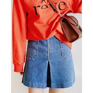 Pleated-front A-line Denim Mini Skirt