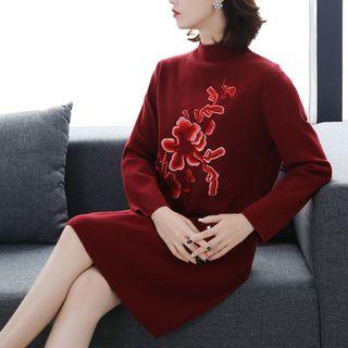 Mock Neck Floral Embroidered A-line Sweater Dress