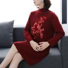 Mock Neck Floral Embroidered A-line Sweater Dress