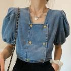 Balloon-sleeve Double-breasted Denim Blouse Denim Blue - One Size