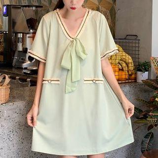 Color-block Trim Lace-up Short-sleeve Dress
