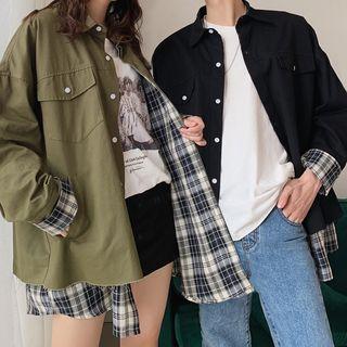Mock Two-piece Gingham Panel Oversize Jacket