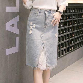 Lace Panel Fray Hem Midi Denim Skirt