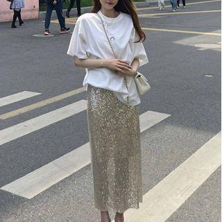 Set: Elbow-sleeve T-shirt + Glitter Midi Pencil Skirt