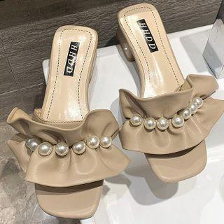 Ruffle Faux Pearl Block Heel Slide Sandals