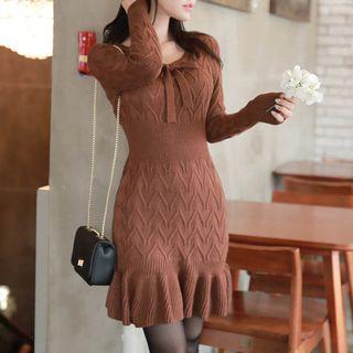 Bow Accent Long-sleeve Knit A-line Dress Coffee - One Size