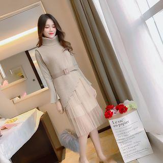 Set: Long-sleeve Knit Panel Midi Dress + Knit Vest
