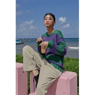 Distressed Stripe Sweater Green - One Size