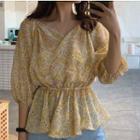 3/4-sleeve Floral Peplum Blouse Floral - Yellow - One Size