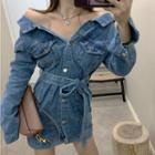 Off-shoulder Long-sleeve Single-breasted Lace-up Denim Dress