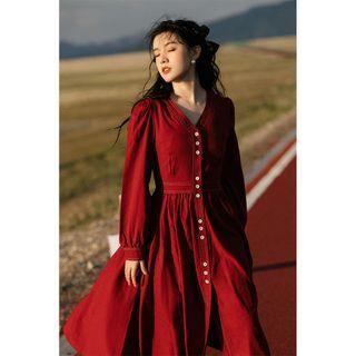 Button-up A-line Midi Dress