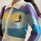 Printed Collared Cardigan White & Purple & Yellow & Blue - One Size
