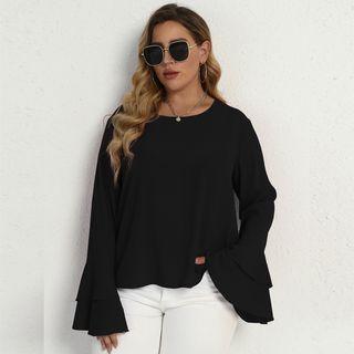 Flared-sleeve Plain Blouse