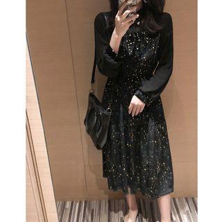 Long-sleeve Star Pattern Midi A-line Dress