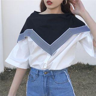 Color-block V-neck Striped Loose-fit Top