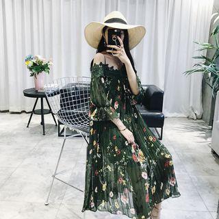 Pleated Off-shoulder 3/4 Sleeve Midi A-line Dress