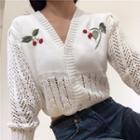Embroidered Long-sleeve Cardigan White - One Size