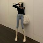 Long-sleeve Rhinestone Mesh Panel Top / Skinny Jeans