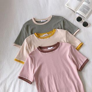 Color-block Trim Crewneck Elbow-sleeve Top