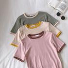 Color-block Trim Crewneck Elbow-sleeve Top