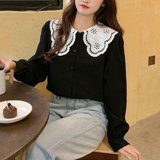 Long-sleeve Eyelet Lace Trim Blouse