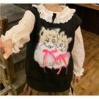 Cat Print Sweater Vest / Collar Blouse