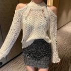 Halter-neck Pointelle Knit Top / Sequined Mini Pencil Skirt