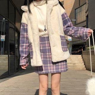 Plaid Panel Fleece Jacket / Plaid Mini A-line Skirt