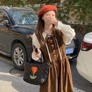 Contrast Trim Shirt / Flower Embroidered Maxi Overall Dress