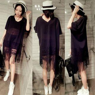 Lace Panel Tasseled Elbow-sleeve T-shirt Dress