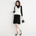 Set: Long-sleeve Turtleneck A-line Dress + Sweater Vest Vest - White - One Size / Dress - Black - One Size