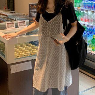 Plain Short-sleeve T-shirt / Lace Mini Pinafore Dress