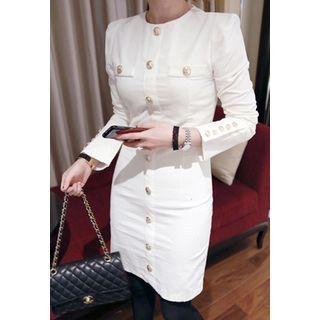 Padded-shoulder Corduroy Sheath Dress