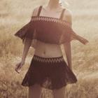 Set: Cold-shoulder Embroidered Tankini Top + Swim Skirt