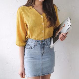 Collarless Elbow-sleeve Blouse